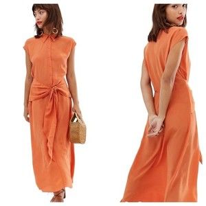 & Other Stories Salmon Orange Waist Knot Midi Dress in Viscose - Size Medium